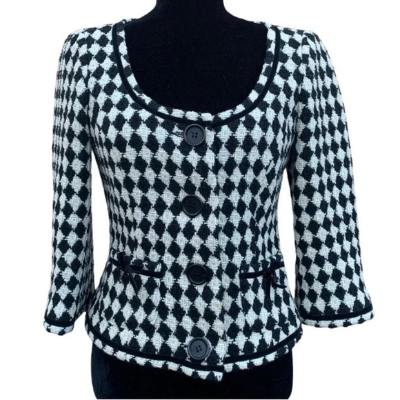 Trina Turk Women’s Black Diamond Pattern Tweed Blazer Velvet Bow Detail Size 4 - Picture 1 of 7